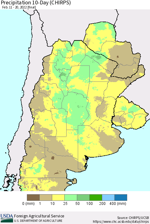 Southern South America Precipitation 10-Day (CHIRPS) Thematic Map For 2/11/2022 - 2/20/2022