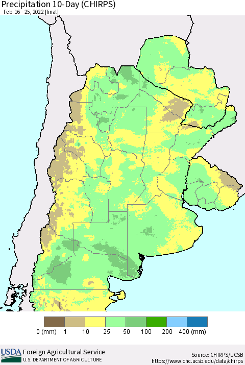 Southern South America Precipitation 10-Day (CHIRPS) Thematic Map For 2/16/2022 - 2/25/2022