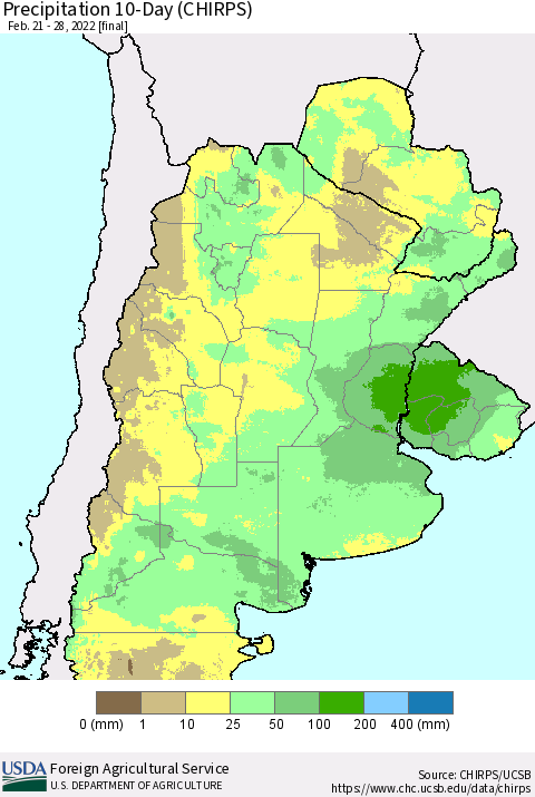 Southern South America Precipitation 10-Day (CHIRPS) Thematic Map For 2/21/2022 - 2/28/2022