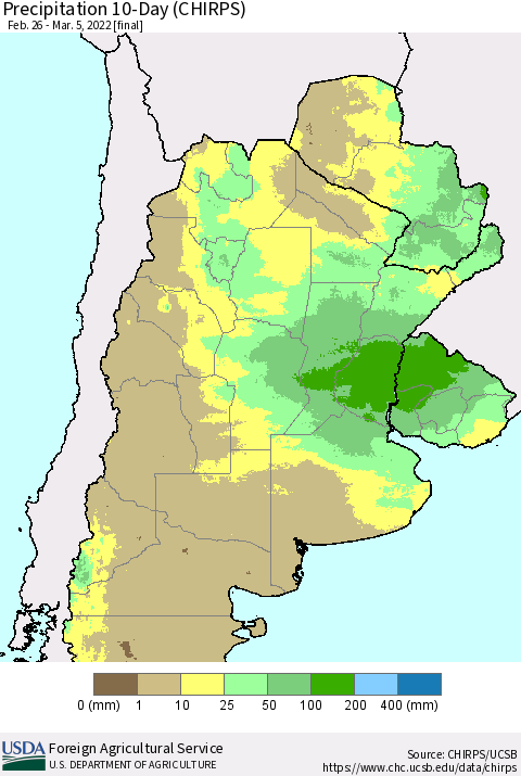 Southern South America Precipitation 10-Day (CHIRPS) Thematic Map For 2/26/2022 - 3/5/2022