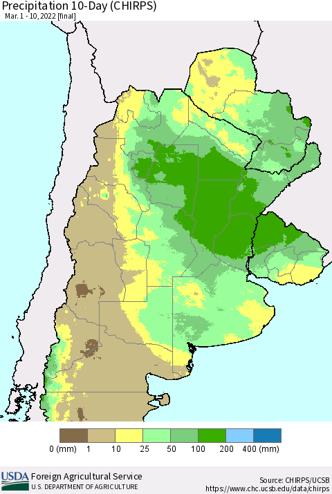 Southern South America Precipitation 10-Day (CHIRPS) Thematic Map For 3/1/2022 - 3/10/2022