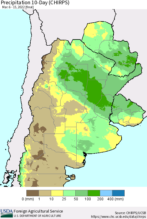 Southern South America Precipitation 10-Day (CHIRPS) Thematic Map For 3/6/2022 - 3/15/2022