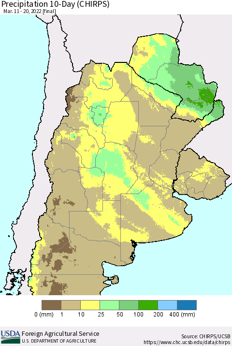 Southern South America Precipitation 10-Day (CHIRPS) Thematic Map For 3/11/2022 - 3/20/2022