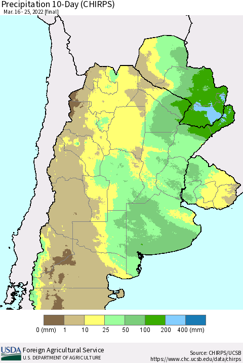 Southern South America Precipitation 10-Day (CHIRPS) Thematic Map For 3/16/2022 - 3/25/2022