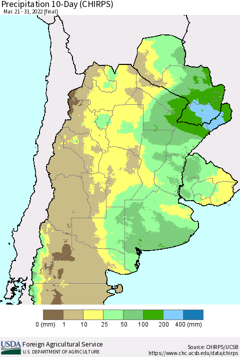 Southern South America Precipitation 10-Day (CHIRPS) Thematic Map For 3/21/2022 - 3/31/2022