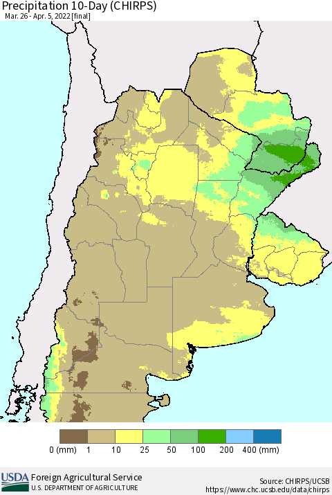 Southern South America Precipitation 10-Day (CHIRPS) Thematic Map For 3/26/2022 - 4/5/2022