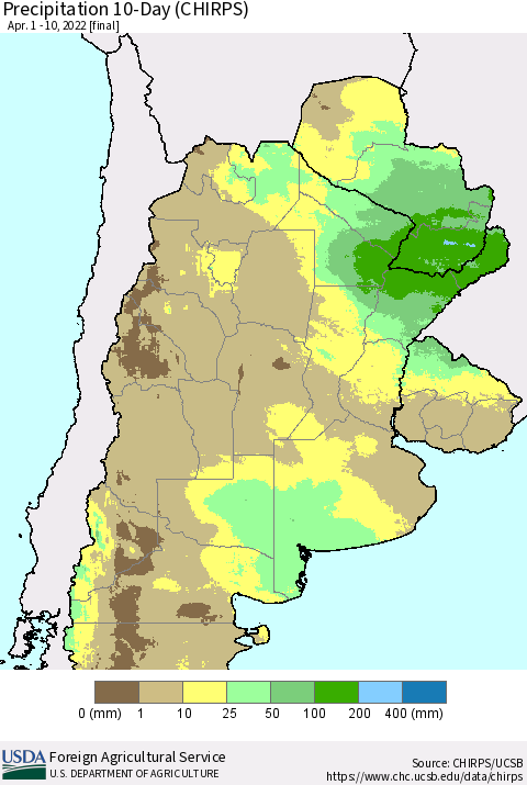 Southern South America Precipitation 10-Day (CHIRPS) Thematic Map For 4/1/2022 - 4/10/2022