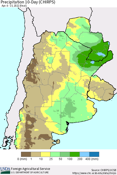 Southern South America Precipitation 10-Day (CHIRPS) Thematic Map For 4/6/2022 - 4/15/2022