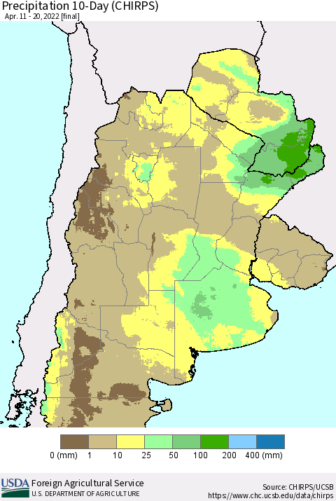 Southern South America Precipitation 10-Day (CHIRPS) Thematic Map For 4/11/2022 - 4/20/2022