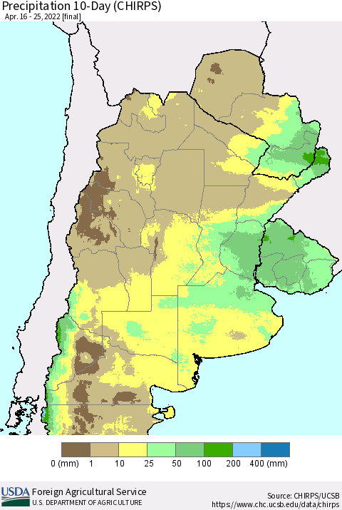 Southern South America Precipitation 10-Day (CHIRPS) Thematic Map For 4/16/2022 - 4/25/2022