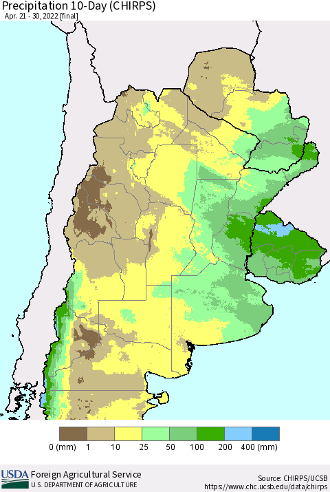 Southern South America Precipitation 10-Day (CHIRPS) Thematic Map For 4/21/2022 - 4/30/2022