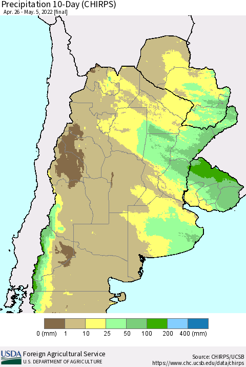 Southern South America Precipitation 10-Day (CHIRPS) Thematic Map For 4/26/2022 - 5/5/2022