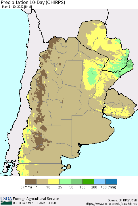 Southern South America Precipitation 10-Day (CHIRPS) Thematic Map For 5/1/2022 - 5/10/2022