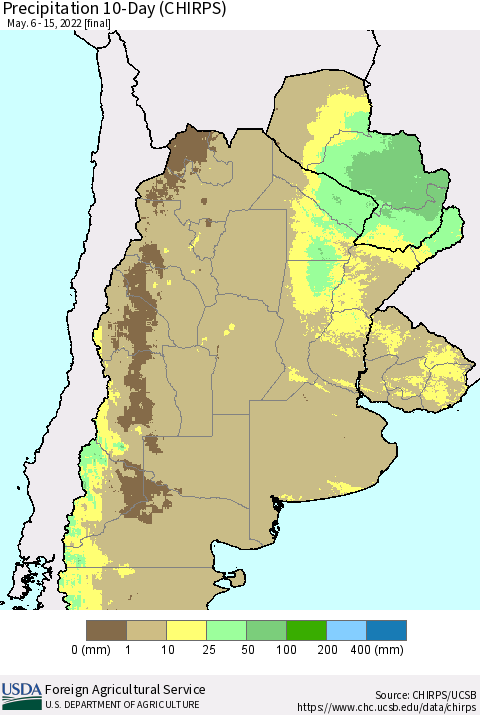 Southern South America Precipitation 10-Day (CHIRPS) Thematic Map For 5/6/2022 - 5/15/2022