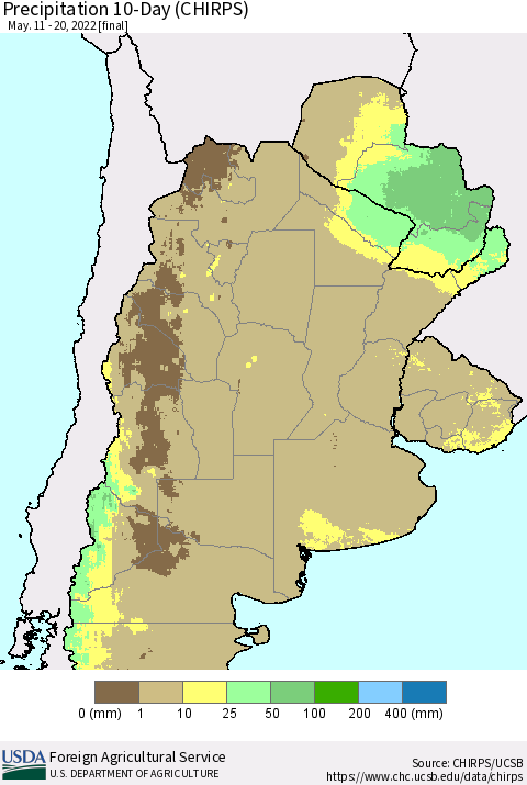 Southern South America Precipitation 10-Day (CHIRPS) Thematic Map For 5/11/2022 - 5/20/2022