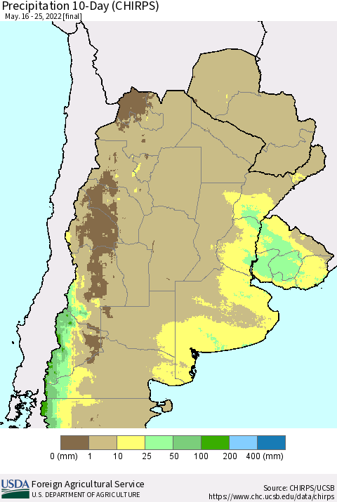 Southern South America Precipitation 10-Day (CHIRPS) Thematic Map For 5/16/2022 - 5/25/2022