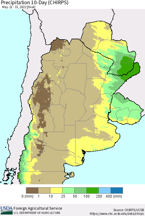 Southern South America Precipitation 10-Day (CHIRPS) Thematic Map For 5/21/2022 - 5/31/2022