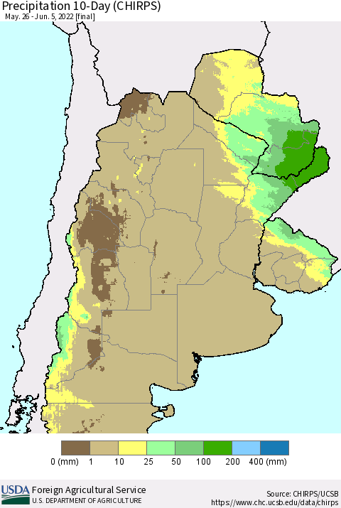 Southern South America Precipitation 10-Day (CHIRPS) Thematic Map For 5/26/2022 - 6/5/2022