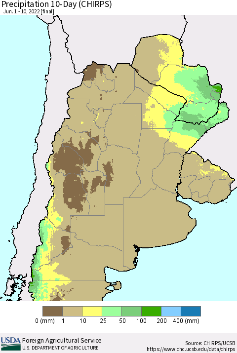 Southern South America Precipitation 10-Day (CHIRPS) Thematic Map For 6/1/2022 - 6/10/2022