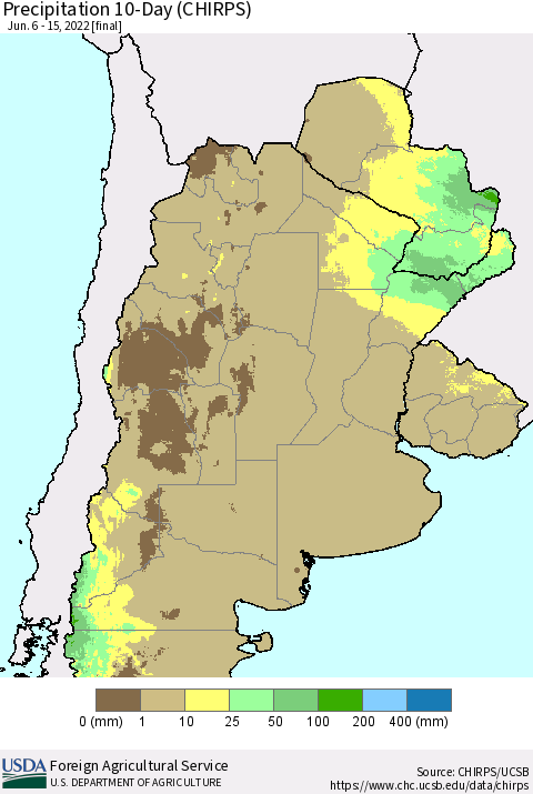 Southern South America Precipitation 10-Day (CHIRPS) Thematic Map For 6/6/2022 - 6/15/2022