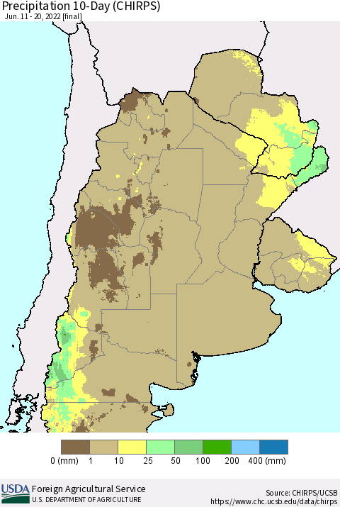 Southern South America Precipitation 10-Day (CHIRPS) Thematic Map For 6/11/2022 - 6/20/2022