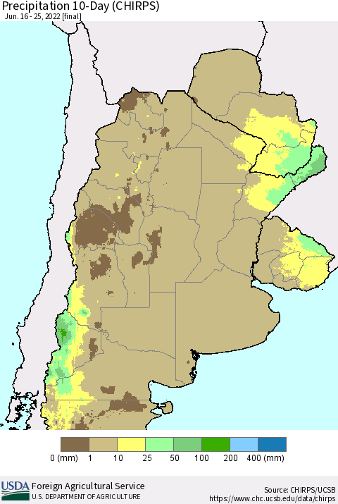 Southern South America Precipitation 10-Day (CHIRPS) Thematic Map For 6/16/2022 - 6/25/2022