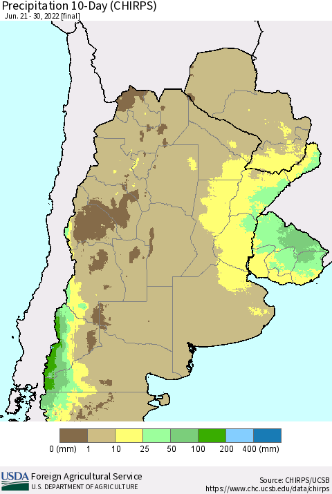Southern South America Precipitation 10-Day (CHIRPS) Thematic Map For 6/21/2022 - 6/30/2022