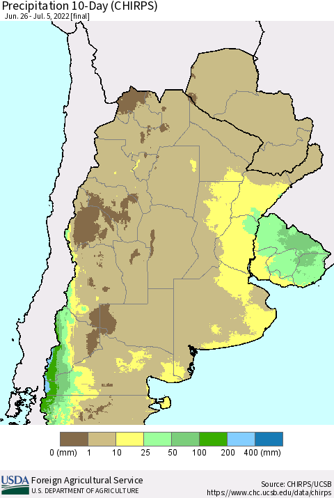 Southern South America Precipitation 10-Day (CHIRPS) Thematic Map For 6/26/2022 - 7/5/2022