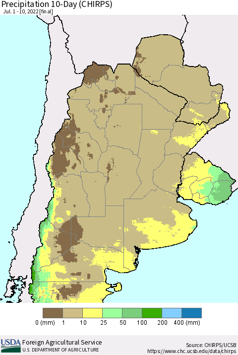 Southern South America Precipitation 10-Day (CHIRPS) Thematic Map For 7/1/2022 - 7/10/2022