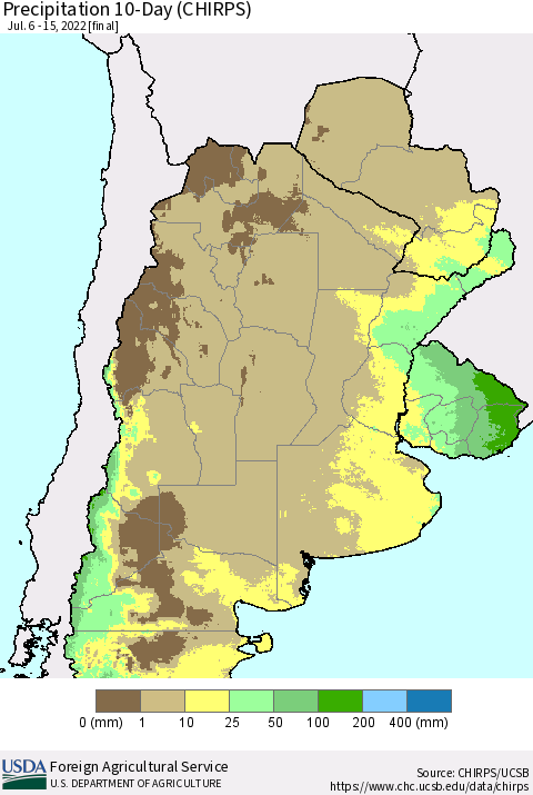 Southern South America Precipitation 10-Day (CHIRPS) Thematic Map For 7/6/2022 - 7/15/2022