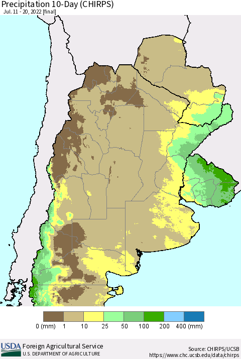 Southern South America Precipitation 10-Day (CHIRPS) Thematic Map For 7/11/2022 - 7/20/2022