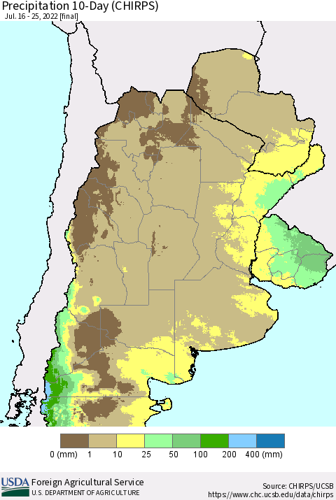 Southern South America Precipitation 10-Day (CHIRPS) Thematic Map For 7/16/2022 - 7/25/2022