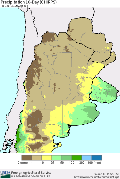 Southern South America Precipitation 10-Day (CHIRPS) Thematic Map For 7/21/2022 - 7/31/2022