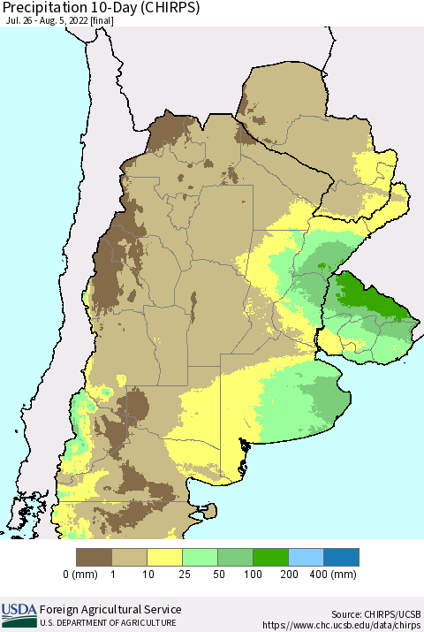 Southern South America Precipitation 10-Day (CHIRPS) Thematic Map For 7/26/2022 - 8/5/2022
