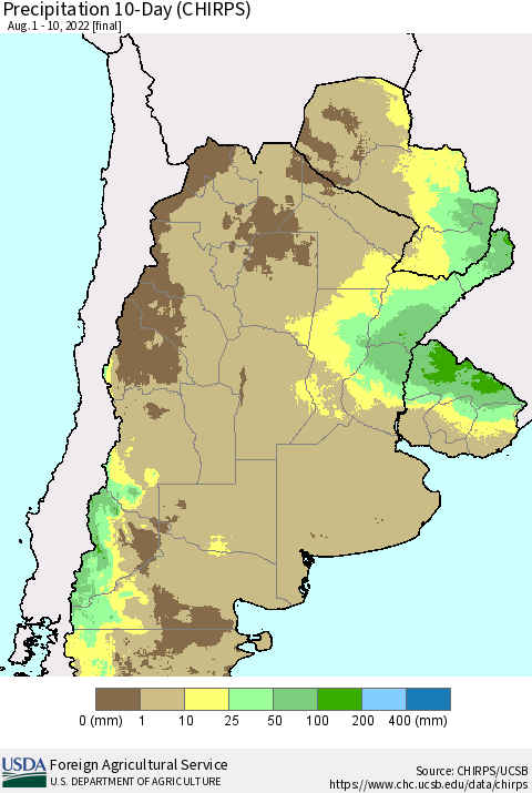 Southern South America Precipitation 10-Day (CHIRPS) Thematic Map For 8/1/2022 - 8/10/2022