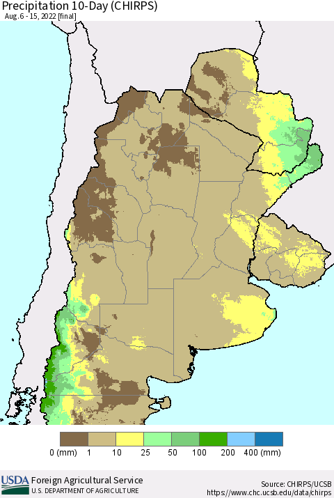 Southern South America Precipitation 10-Day (CHIRPS) Thematic Map For 8/6/2022 - 8/15/2022