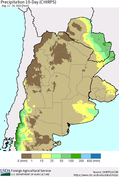 Southern South America Precipitation 10-Day (CHIRPS) Thematic Map For 8/11/2022 - 8/20/2022