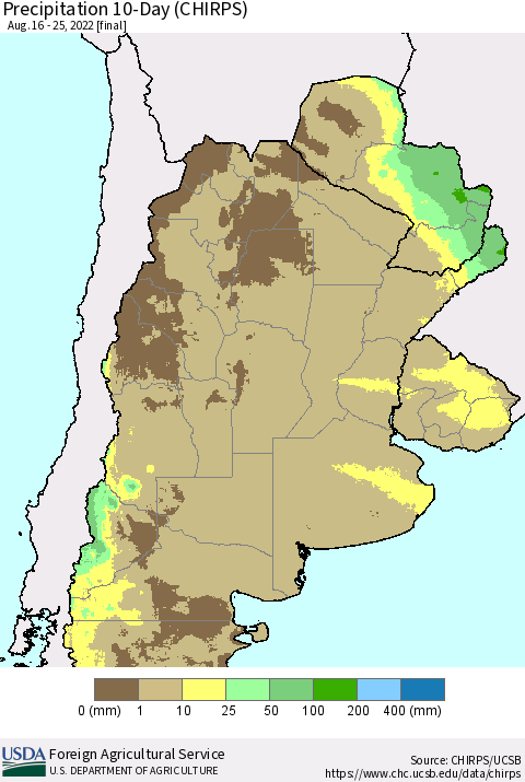 Southern South America Precipitation 10-Day (CHIRPS) Thematic Map For 8/16/2022 - 8/25/2022