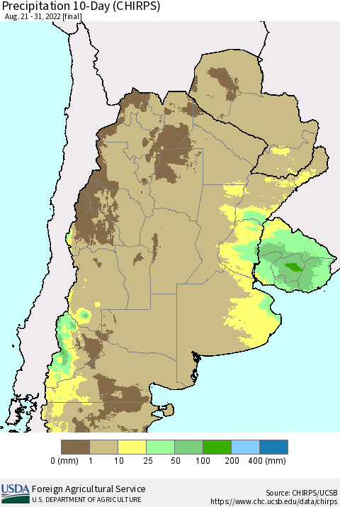 Southern South America Precipitation 10-Day (CHIRPS) Thematic Map For 8/21/2022 - 8/31/2022