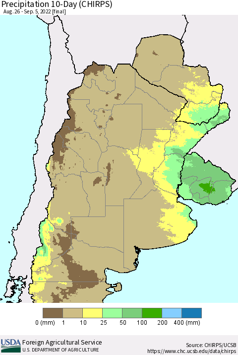 Southern South America Precipitation 10-Day (CHIRPS) Thematic Map For 8/26/2022 - 9/5/2022