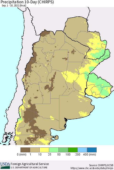 Southern South America Precipitation 10-Day (CHIRPS) Thematic Map For 9/1/2022 - 9/10/2022