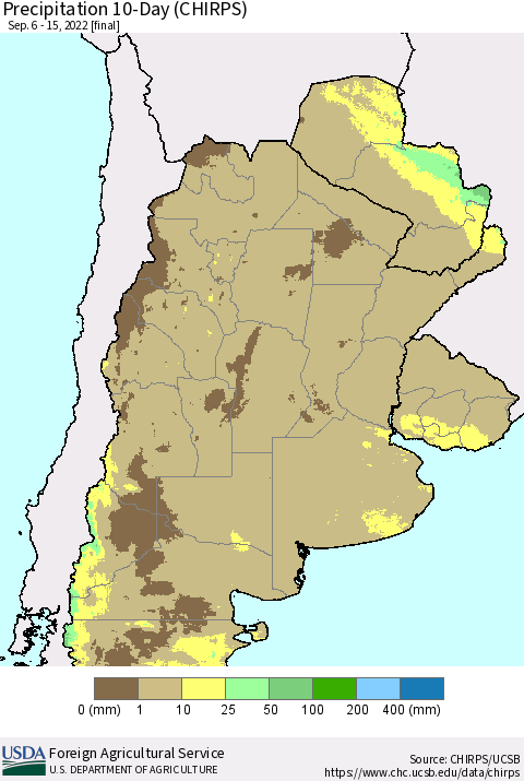 Southern South America Precipitation 10-Day (CHIRPS) Thematic Map For 9/6/2022 - 9/15/2022