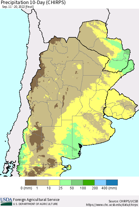Southern South America Precipitation 10-Day (CHIRPS) Thematic Map For 9/11/2022 - 9/20/2022