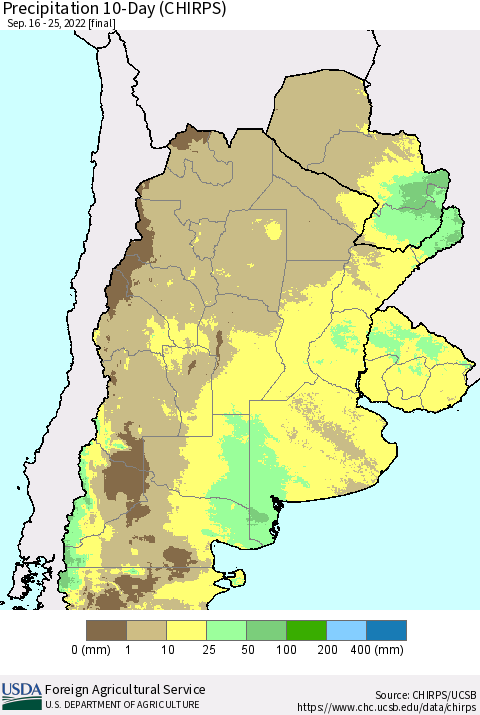 Southern South America Precipitation 10-Day (CHIRPS) Thematic Map For 9/16/2022 - 9/25/2022
