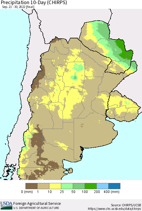 Southern South America Precipitation 10-Day (CHIRPS) Thematic Map For 9/21/2022 - 9/30/2022