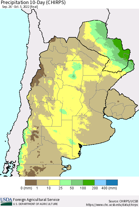 Southern South America Precipitation 10-Day (CHIRPS) Thematic Map For 9/26/2022 - 10/5/2022