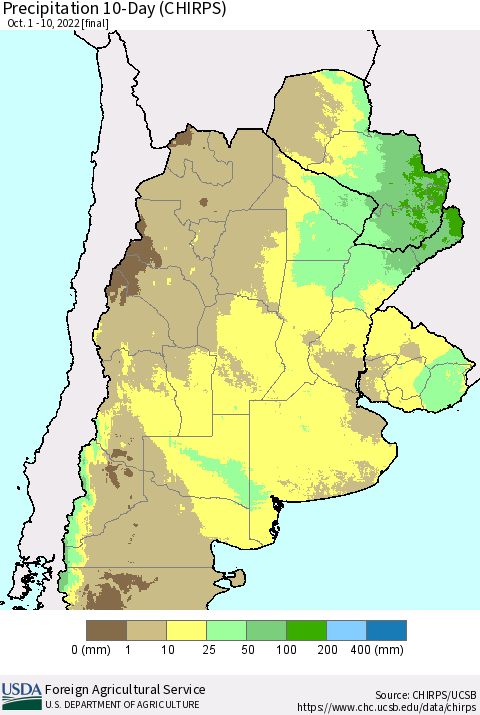 Southern South America Precipitation 10-Day (CHIRPS) Thematic Map For 10/1/2022 - 10/10/2022