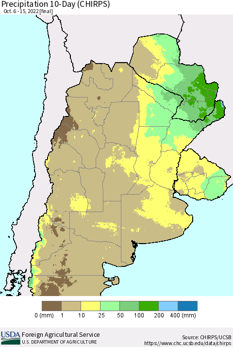 Southern South America Precipitation 10-Day (CHIRPS) Thematic Map For 10/6/2022 - 10/15/2022
