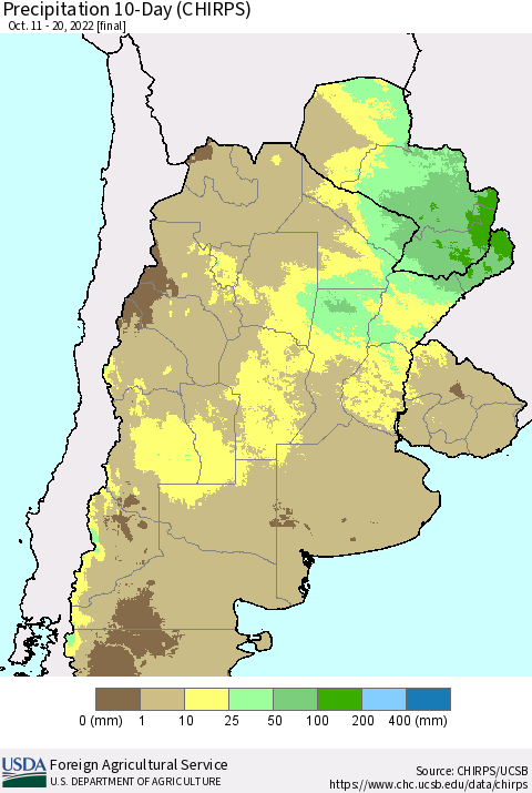 Southern South America Precipitation 10-Day (CHIRPS) Thematic Map For 10/11/2022 - 10/20/2022