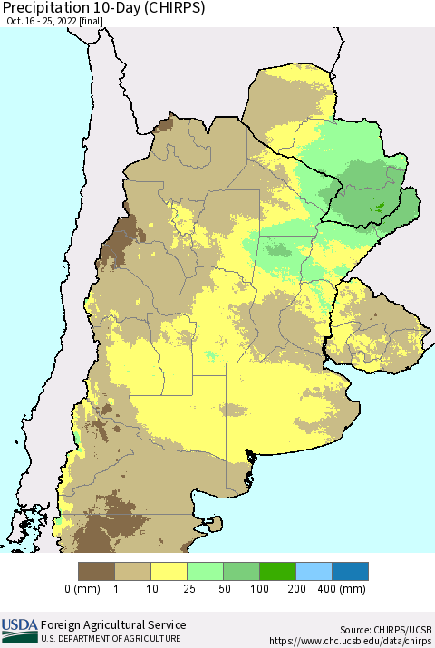 Southern South America Precipitation 10-Day (CHIRPS) Thematic Map For 10/16/2022 - 10/25/2022